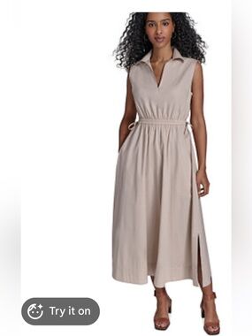 Calvin Klein Sleeveless Collared Midi Dress in Beige